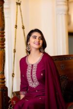 TRAHIMAM Cotton Embroidered Kurti With Pants Women's Stitched Salwar Suit - Purple ( Pack of 1 ) - Image 3