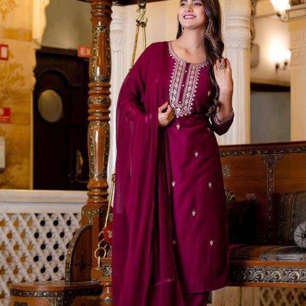 TRAHIMAM Cotton Embroidered Kurti With Pants Women's Stitched Salwar Suit - Purple ( Pack of 1 )