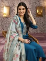 HN Women Cotton Blend Embroidered Straight Kurti With Pants ( Blue ) - Image 2