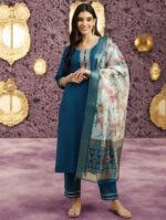 HN Women Cotton Blend Embroidered Straight Kurti With Pants ( Blue ) - Image 4